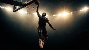 運動員在燈火通明的籃球場上完成一次強力灌籃。