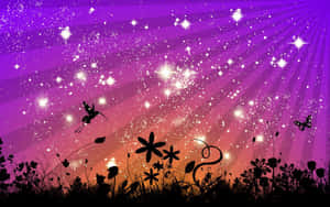 紫色和粉紅色的天空，星星和蝴蝶在花朵剪影上方 — 16:10 壁紙