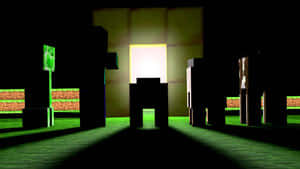 夜晚發光門口附近的Minecraft角色剪影。 — 我的世界 壁紙