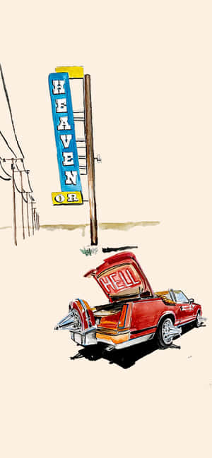 紅色復古車，車尾廂有「HELL」，停喺「HEAVEN OR」標誌附近。