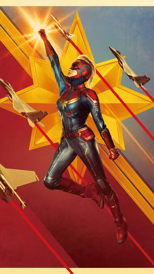 Captain Marvel 與戰鬥機和身後發光的星星一起飛行。 — 漫威超級英雄 壁紙