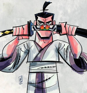 兇猛的武士手持武士刀橫在臉前，身穿傳統盔甲。