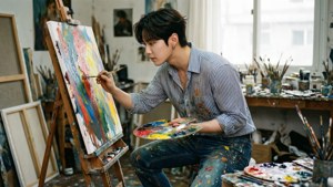 年輕藝術家在陽光工作室中在畫布上繪畫，衣服上有油漆污漬