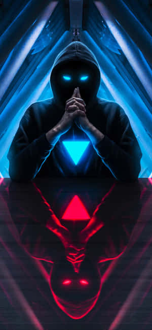 一個戴著兜帽的人物，擁有發光的眼睛和胸部發光的三角形，下方以紅色倒影呈現。