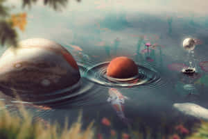 超現實池塘漂浮行星錦鯉蓮花霧濛濛天空