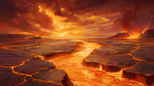 一條發光的熔岩河流流經裂開的火山地形，在熾熱的天空下。 — 地球 壁紙