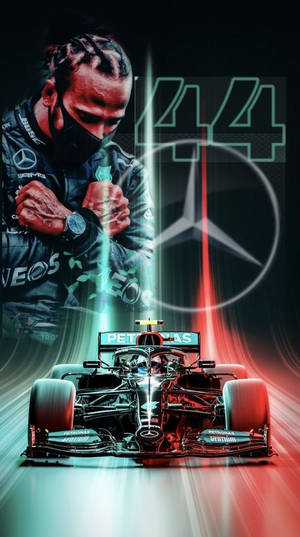 F1車手44號站在他的平治賽車旁，霓虹燈數碼藝術。