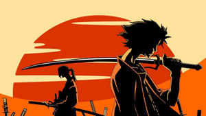 兩個動漫武士戰士持劍對著紅色夕陽。