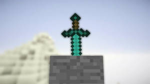 Minecraft嘅鑽石劍企喺雪景中嘅石塊上。