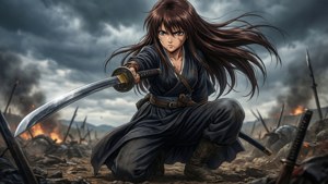 女武士跪在戰場煙火中持刀