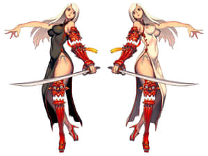 兩位身穿紅色盔甲、手持劍、白髮的動漫女戰士。 — 刀劍神域 GIF 壁紙