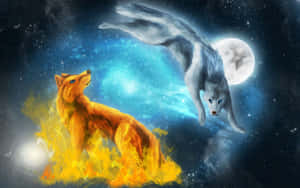 一隻被火焰包圍的狐狸和一隻在滿月的星空夜空中跳躍的狼。 — 狼 壁紙