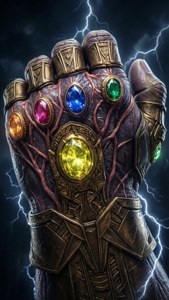 薩諾斯的手戴著無限手套，背景有閃電。 — Thanos 壁紙