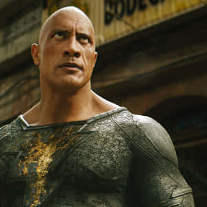 Dwayne Johnson 飾演 Black Adam，身穿破裂盔甲套裝，在破舊小巷中向上看。