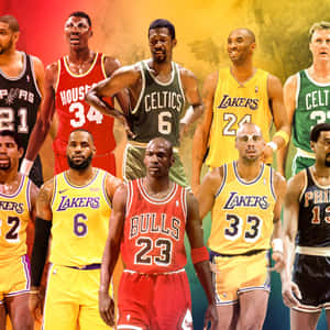 標誌性NBA籃球運動員穿著球隊制服一起擺姿勢。