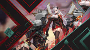 銀髮動漫女孩穿著紅色服裝，站在帶有火焰效果的戰艦旁邊。