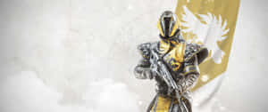 身穿金銀鎧甲的騎士手持步槍，身後有金色鷹旗。 — 3440x1440 壁紙