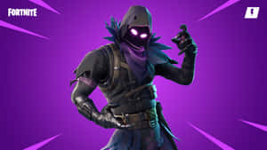 Fortnite角色，發光眼睛和暗色盔甲，紫色背景