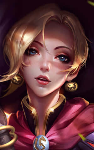 金髮藍眼動漫少女戴著南瓜燈耳環和紅色連帽服裝。