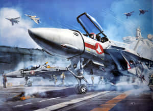 航空母艦甲板上的戰鬥機，有機組人員和其他噴射機在天空。