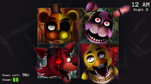 Five Nights at Freddy's 的四個恐怖機械角色，眼睛發光。