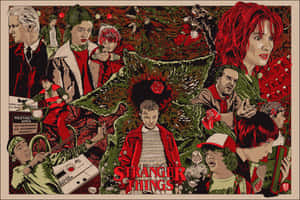 Stranger Things 角色在風格化插圖拼貼中，以紅色和綠色色調呈現。