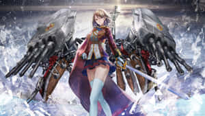 動漫少女穿著軍服，在冰背景中手持劍與戰艦機甲。