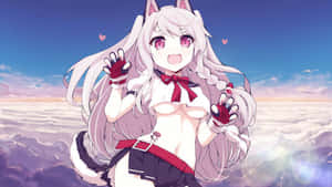 有貓耳和尾巴的動漫女孩在明亮的天空中的雲朵上揮手。