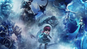 穿著冬季外套的小女孩被冰凍奇幻生物包圍在魔法風暴中。
