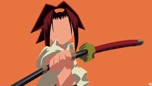 動漫角色手持武士刀，深色頭髮，橙色背景。