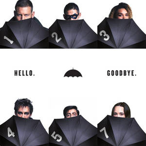 六個人從編號的黑色雨傘上方窺視，帶有hello和goodbye文字。