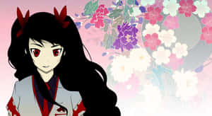 紅眼黑髮的動漫女孩，穿著傳統日本服裝，以花卉為背景。
