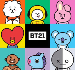 BT21角色系列，具有粗線條和鮮豔背景。