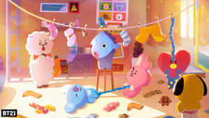 BT21角色在雜亂的房間裡玩耍，有晾衣繩和玩具。