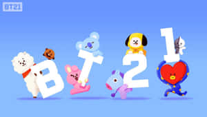 BT21卡通角色手持字母B T 2 1，藍色背景