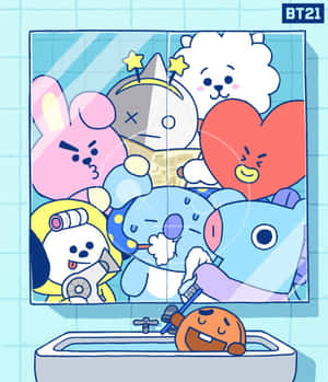 BT21角色在浴室鏡子中，其中一個在水槽刷牙。