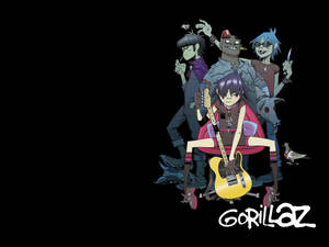 Gorillaz 動畫樂隊角色，手持結他和武器，在黑色背景上。 — 大猩猩 壁紙