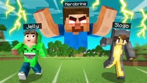 三個Minecraft角色喺有閃電嘅天空下嘅草地上奔跑。