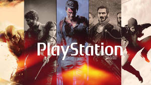 PlayStation 標誌與六個遊戲角色在垂直面板上擺出動態姿勢。