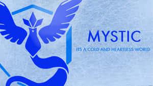 藍色鳥標誌，帶有翅膀和文字mystic，背景為霜凍。