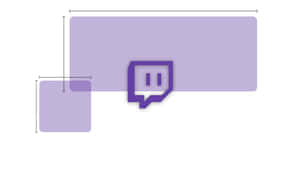 Twitch 標誌帶有紫色對話氣泡設計，位於薰衣草色形狀上，帶有尺寸線。