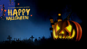 墓地中的發光南瓜燈，帶有「Happy Halloween」文字。 — 萬聖節 壁紙