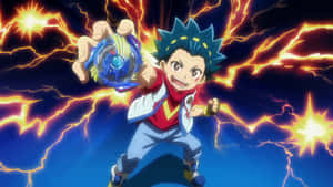 動畫男孩在背景有電閃雷鳴的情況下發射Beyblade。