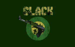 圖形設計，AK-47步槍位於棕櫚樹徽章上方，帶有「BLACK」字樣。