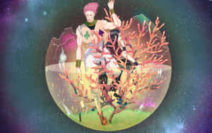 兩個動漫人物在一個充滿發光珊瑚的球體內，背景是星空。