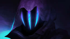 黑暗戴兜帽的身影，擁有發光的藍色尖牙和紫色斗篷。