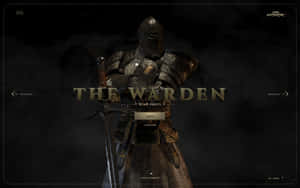 一位身穿暗色盔甲的騎士，手持一把帶有金色文字「The Warden」的劍。