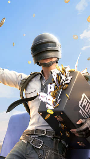 戴頭盔的玩家慶祝勝利，硬幣和卡片從PUBG盒子中飛出。