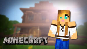 Minecraft角色在方塊世界中的木屋前。