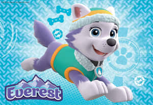 動畫哈士奇幼犬Everest穿著冬季服裝，帶著骨頭圖案和科技圖形飛翔。